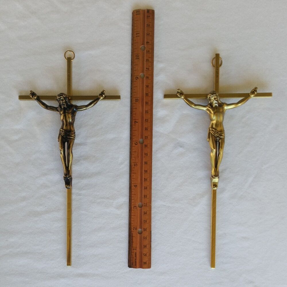 Two Vintage Crucifix Jesus Christian Cross INRI Religion Wall Hanging Brass 10in